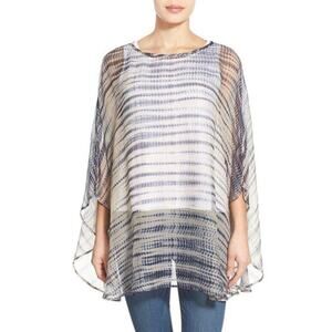 Eileen Fisher Blue Tie Dye Crinkle Sheer Silk Chiffon Blouse Poncho One Size